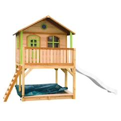 -Maisonnette AXI pour enfants avec bac à sable et toboggan blanc, aire de jeux pour l'extérieur en marron et vert