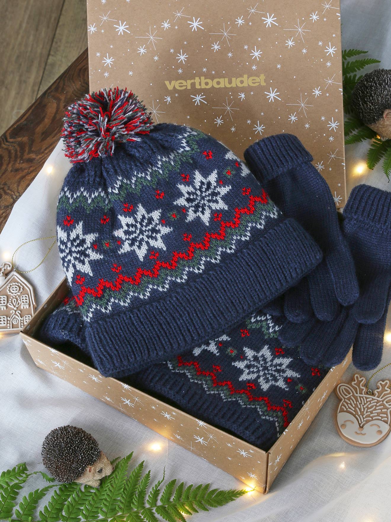 Coffret de Noël flocon garçon ensemble bonnet snood et gants marine