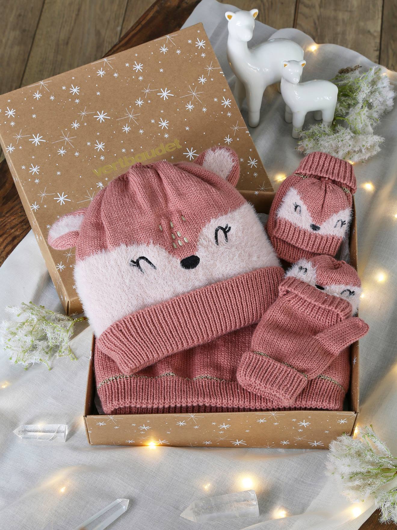 Coffret de Noël Bichette fille ensemble bonnet + snood + mitaines mauve