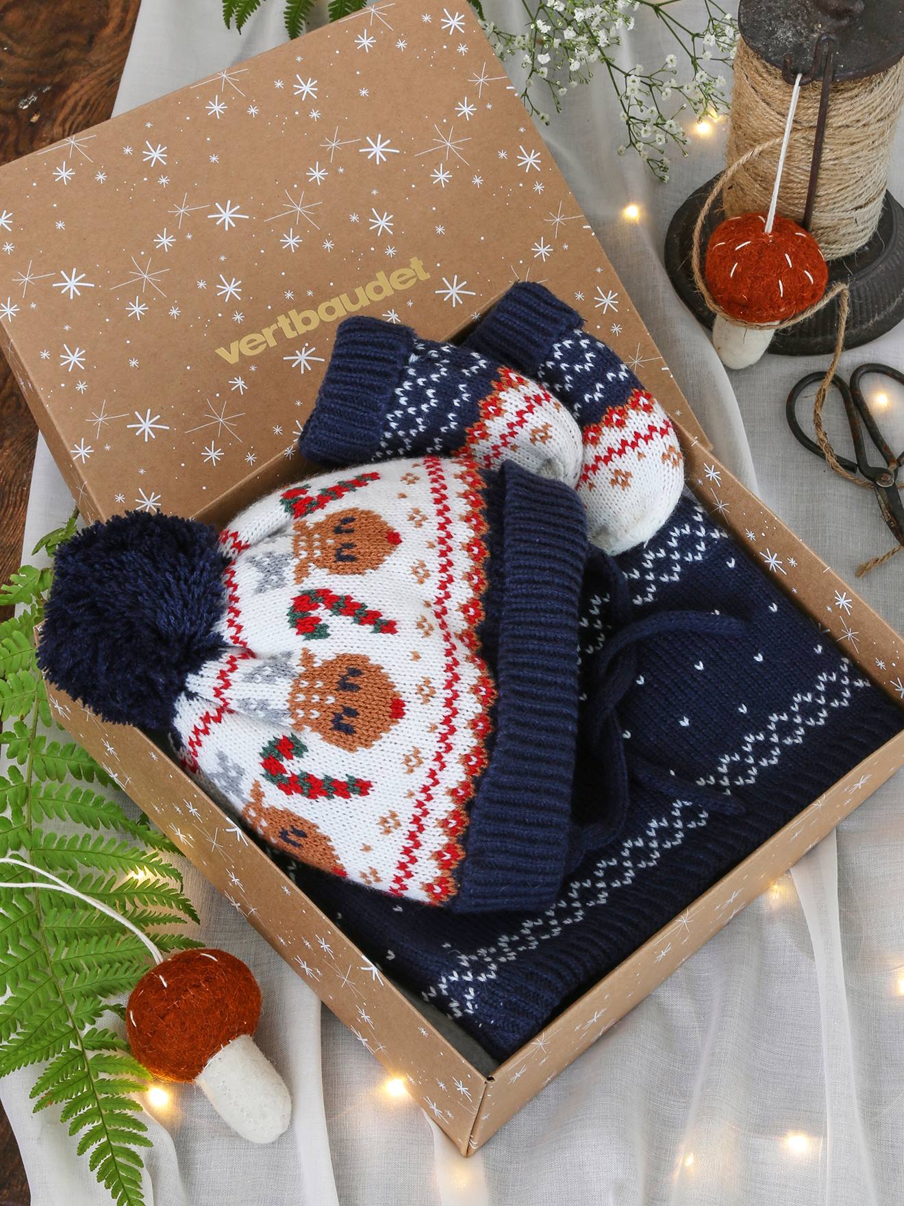 Coffret de Noël Renne bébé garçon ensemble bonnet + snood + moufles marine