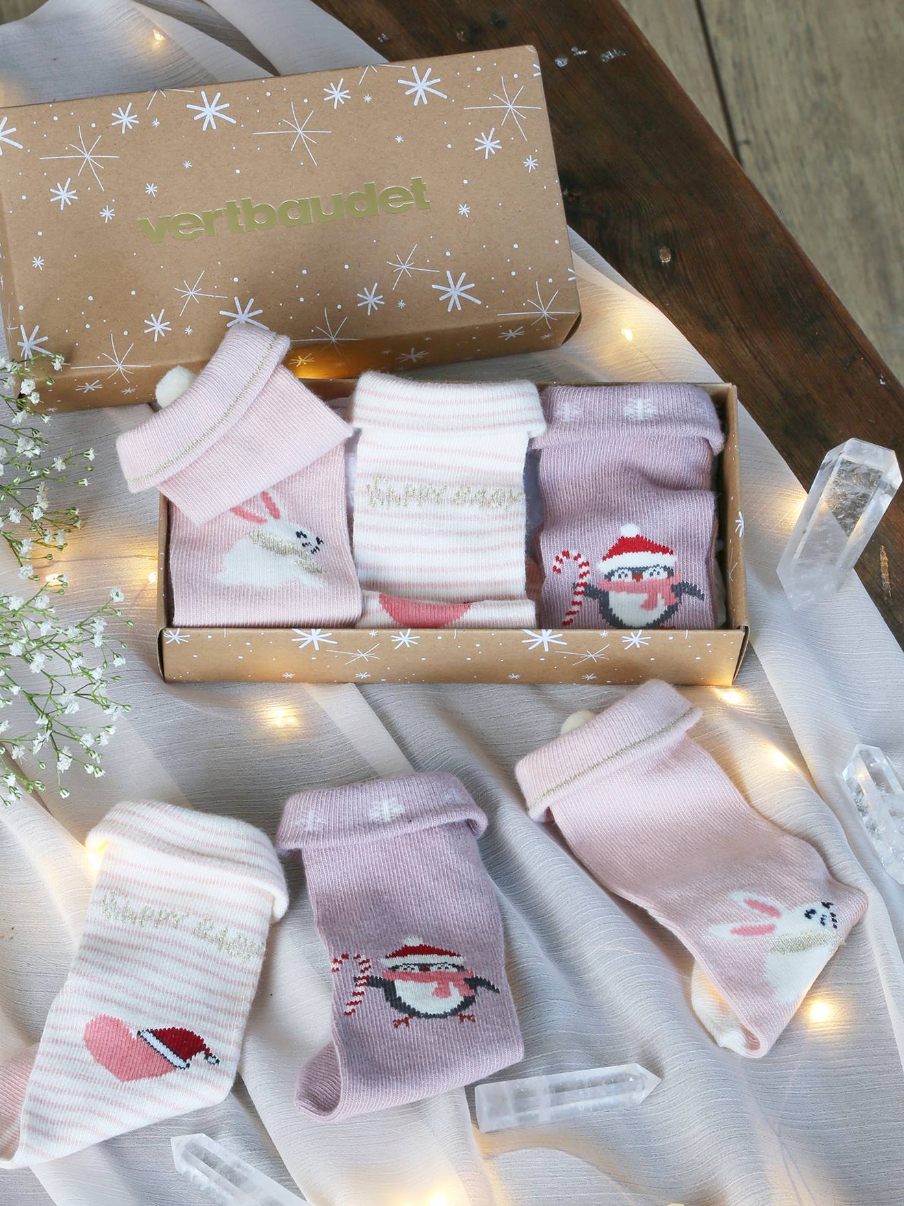 Coffret de Noël 3 paires de chaussettes bébé fille vieux rose