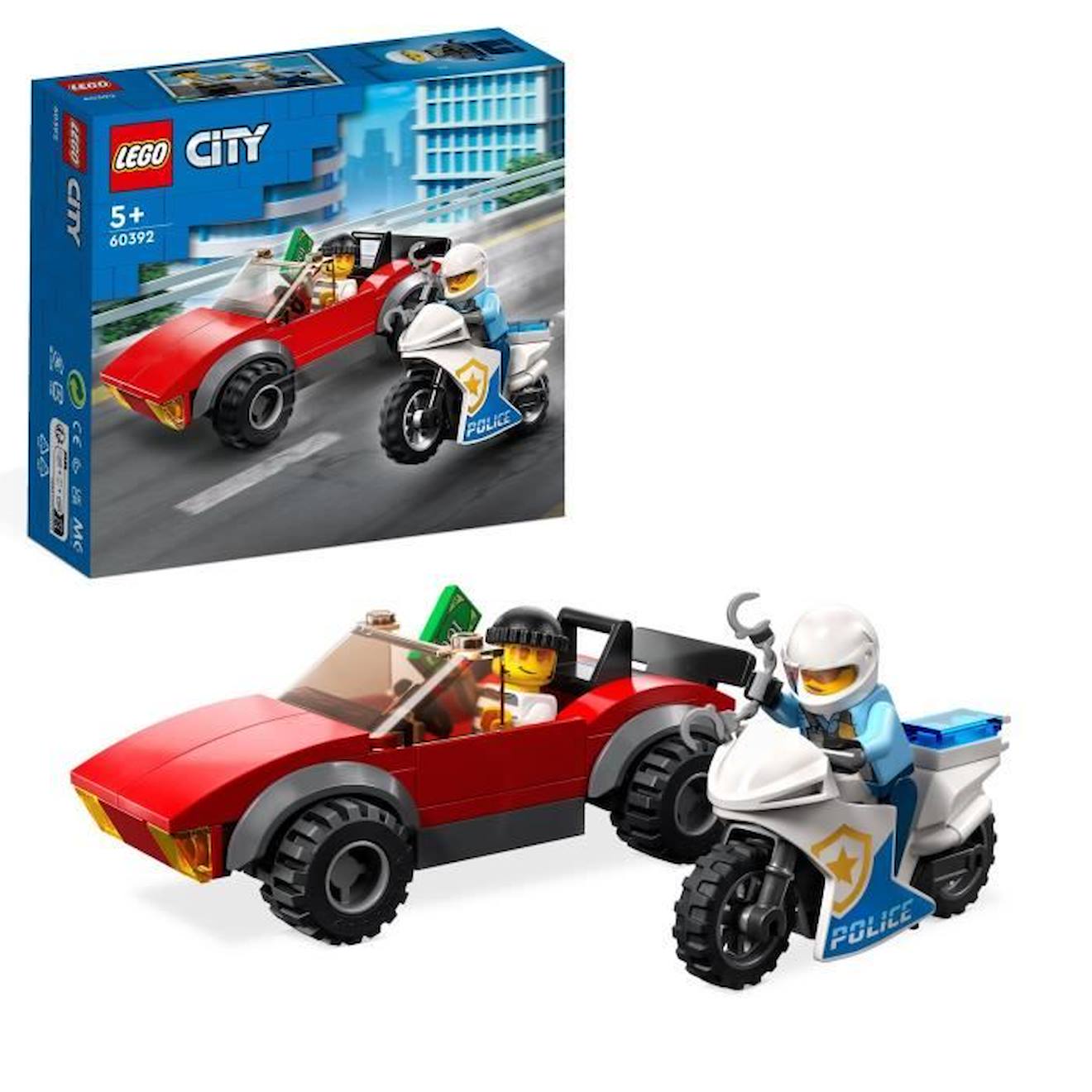 Lego® City 60392 La Course-poursuite De La Moto De Police, Jouet Voiture De Course Et 2 Policiers Ro