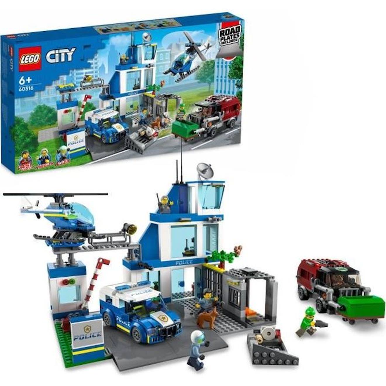Lego® City 60316 Le Commissariat De Police, Jouet Hélicoptère, Voiture De Police, Chien Figurine, Ca