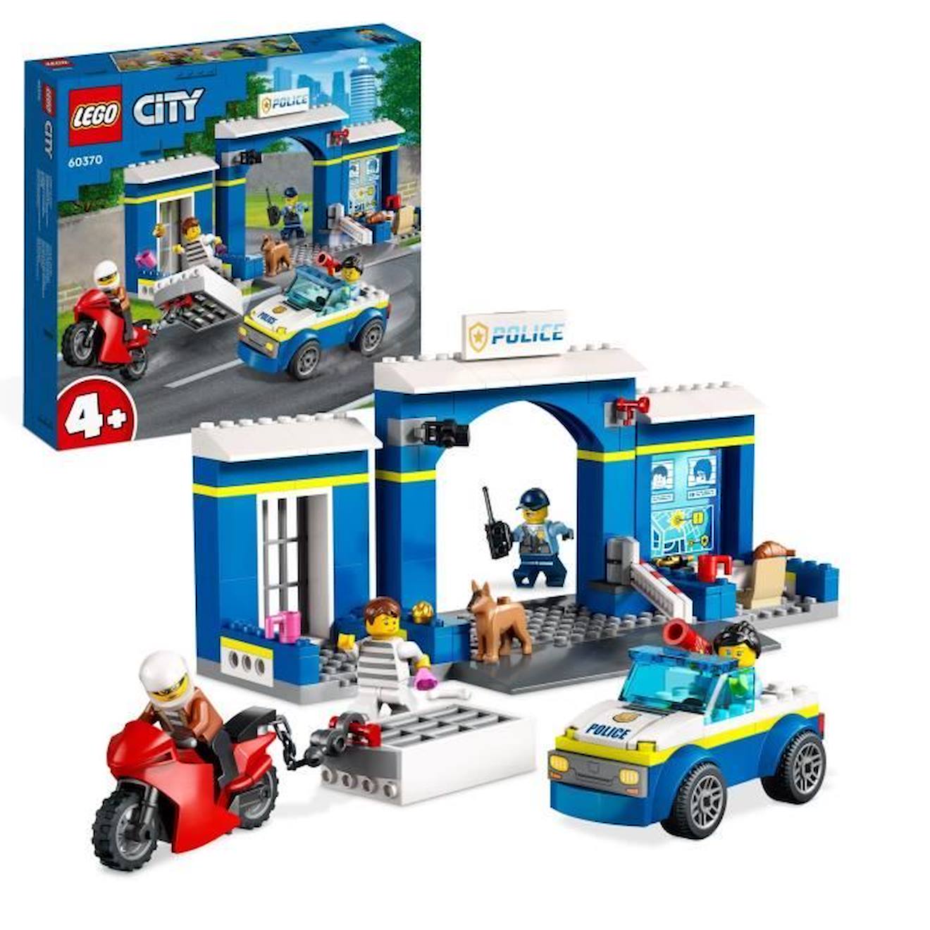 Lego® City 60370 La Course-poursuite Au Poste De Police, Voiture En Jouet Et Moto, Prison Blanc