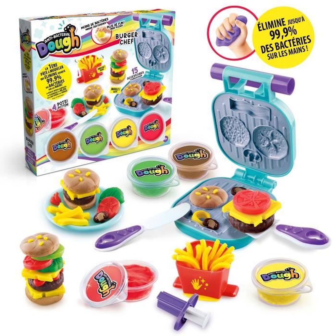 Canal Toys - Kit Burger Pâte à modeler antibactérienne - Élimine jusqu'à  99,9% des bactéries sur les mains - dès 2 ans - SND006 jaune - Canal Toys