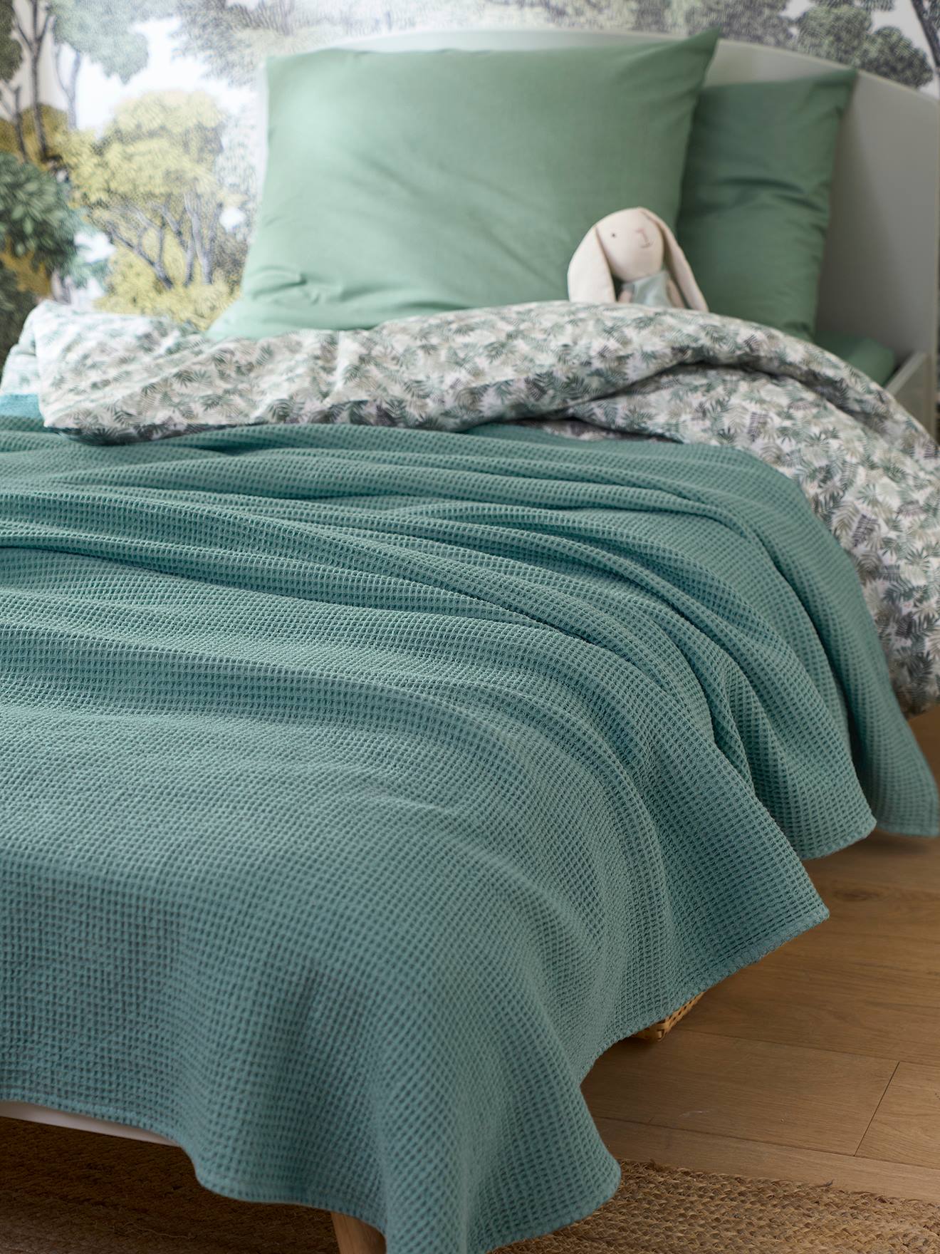 Couvre-lit nid d'abeille gaufrette bleu vert