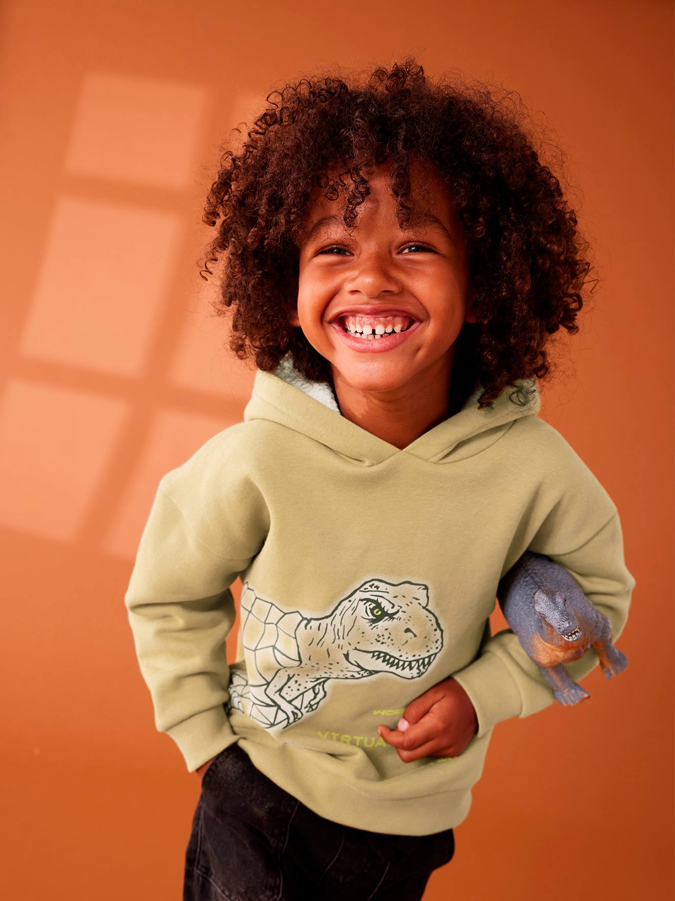 Sweat motif dinosaure garçon capuche doublée sherpa olive