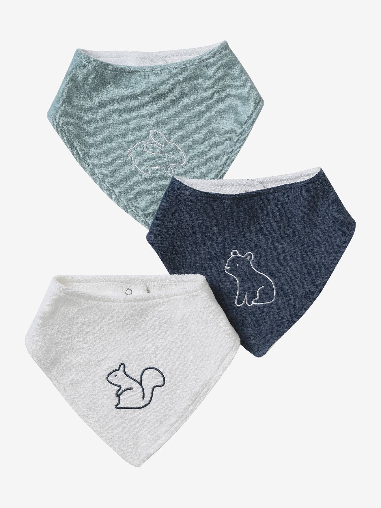 Lot de 3 bavoirs bandanas en éponge bleu grisé