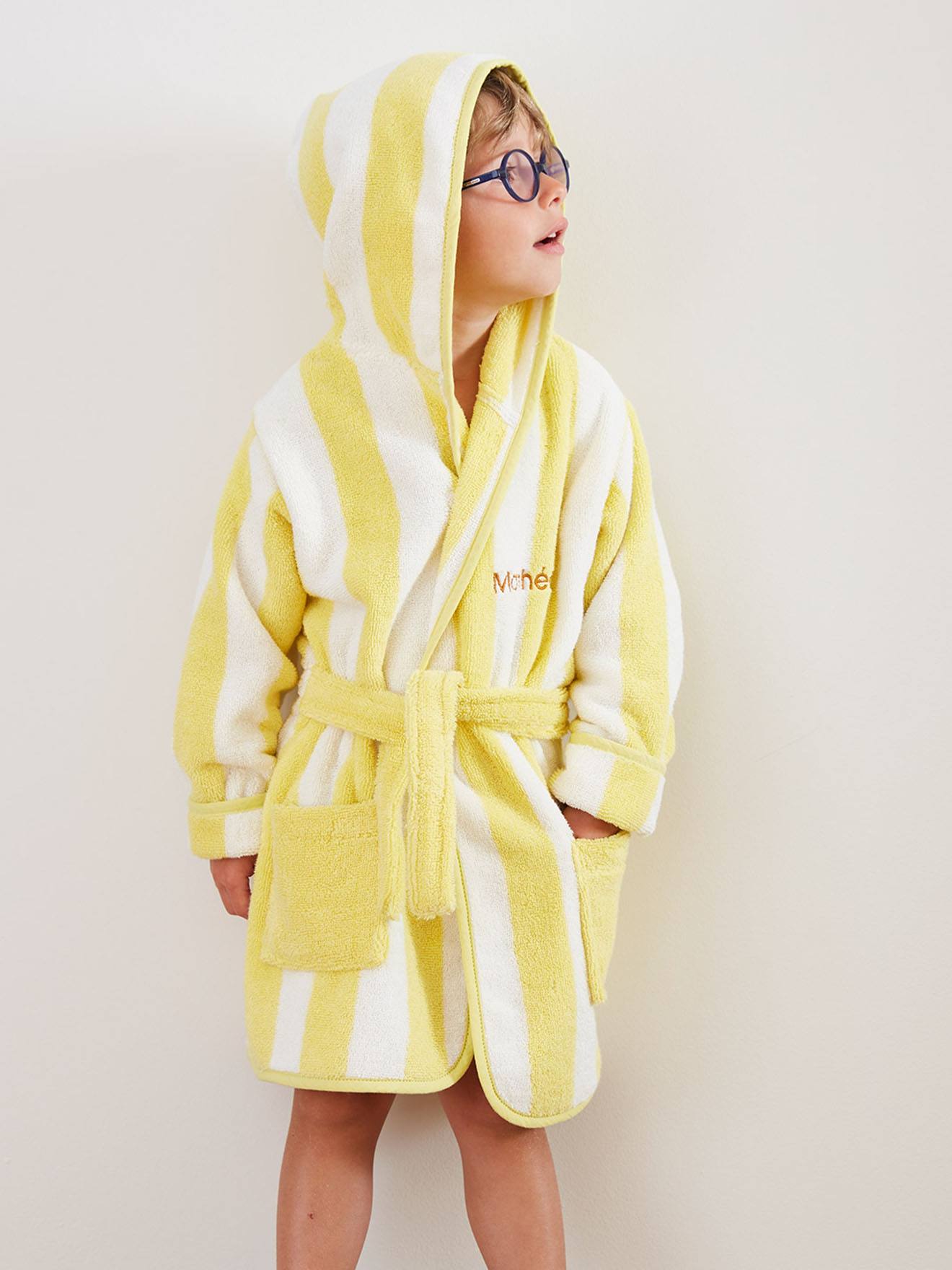 Peignoir de bain Enfant rayures TRANSAT capsule famille personnalisable, avec coton recyclé rayé jaune