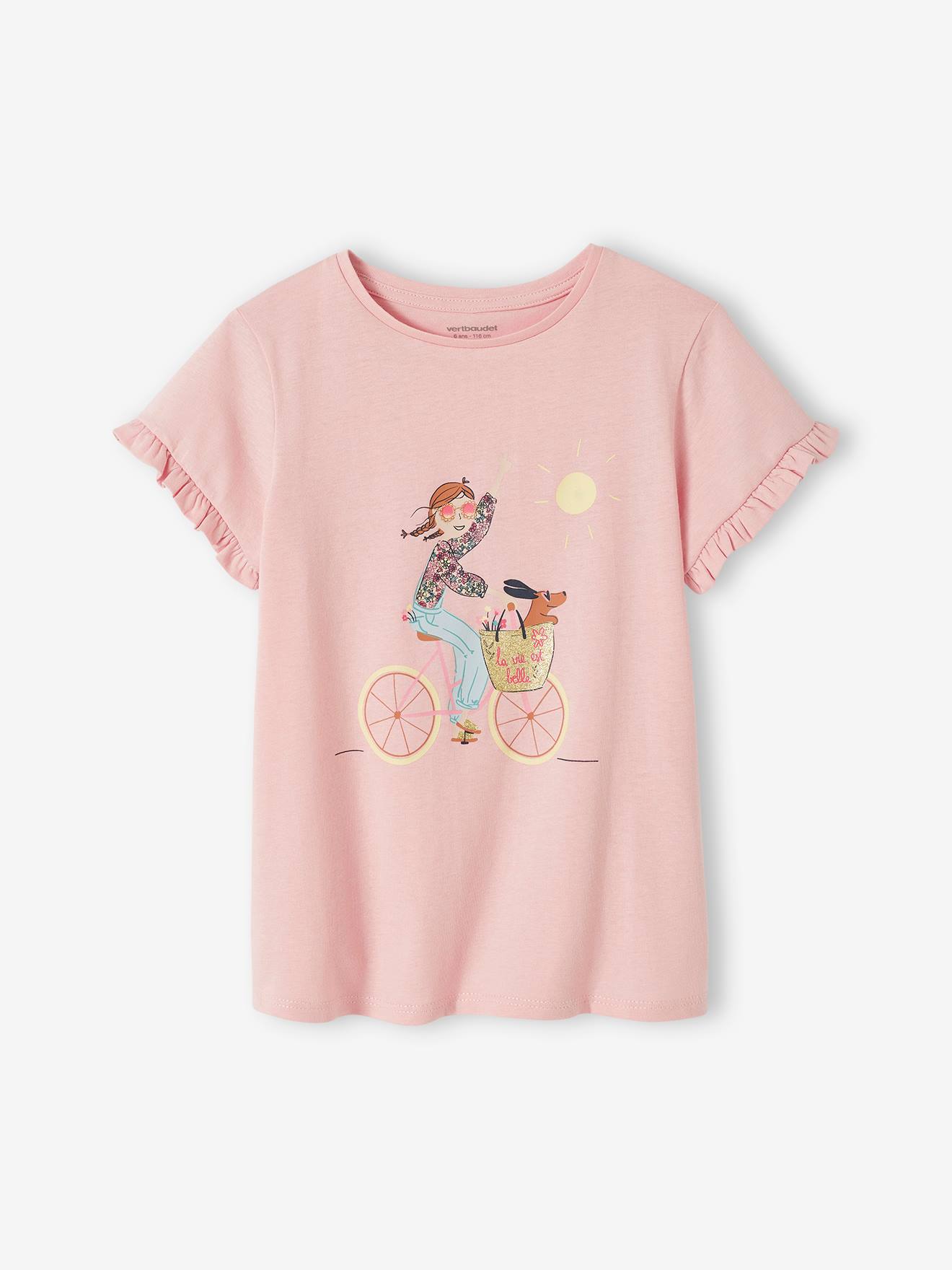 Tee-shirt Egérie fille manches courtes volantées rose poudré