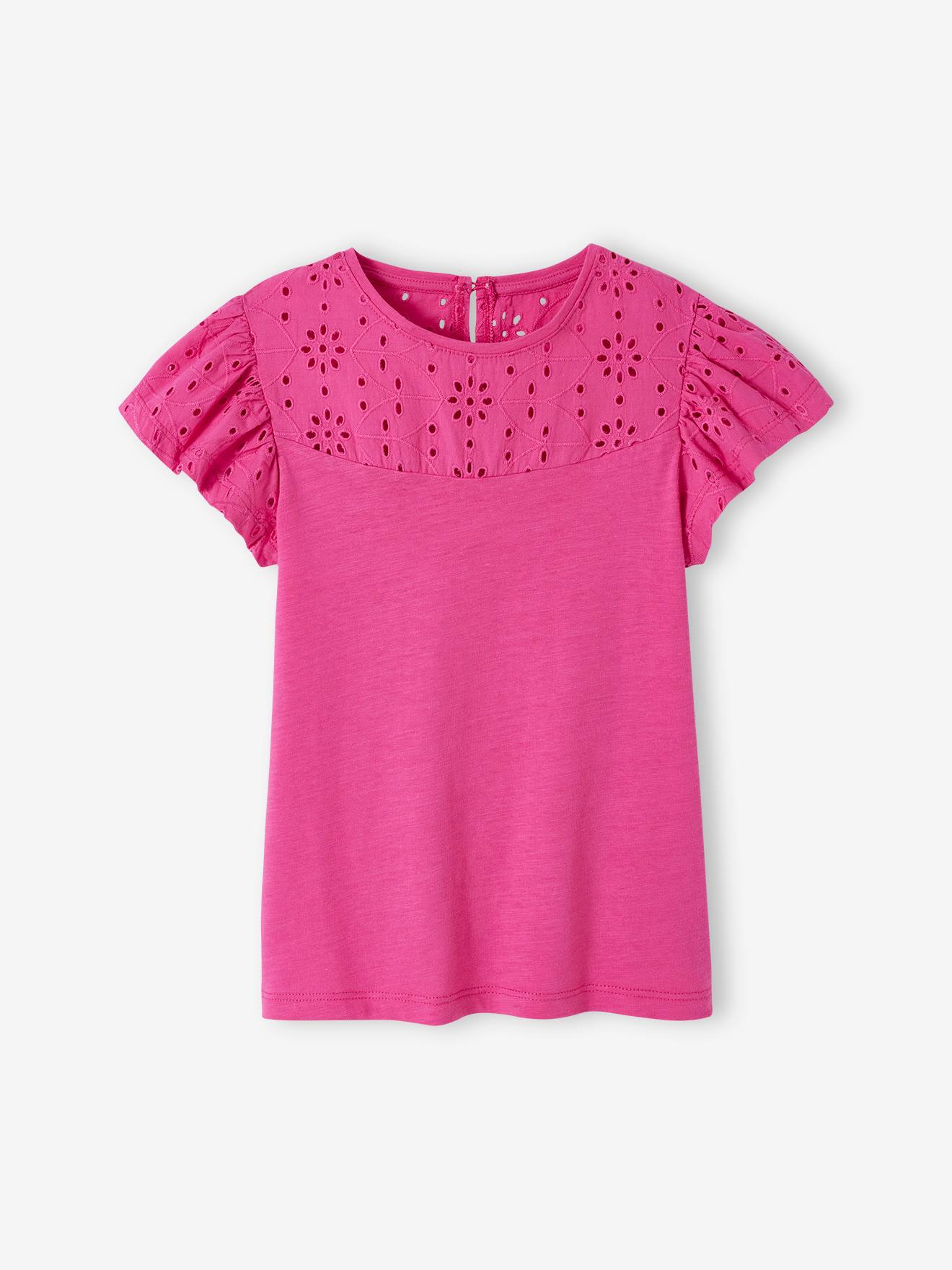 T-shirt fille avec détails broderie anglaise fuchsia