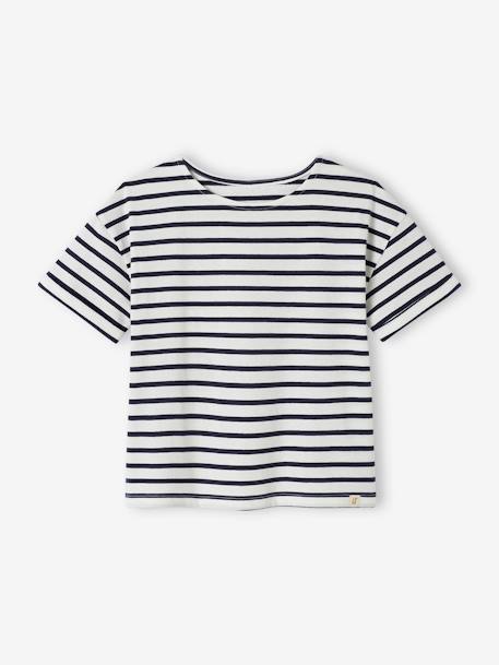 Tee-shirt marinière personnalisable fille manches courtes denim brut+rayé rose 1 - vertbaudet enfant 