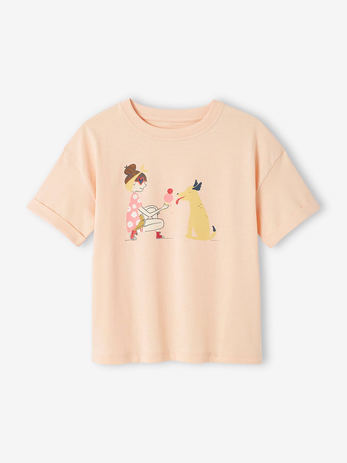 Vertbaudet - Tee-shirt motif pop fille manches courtes à revers abricot