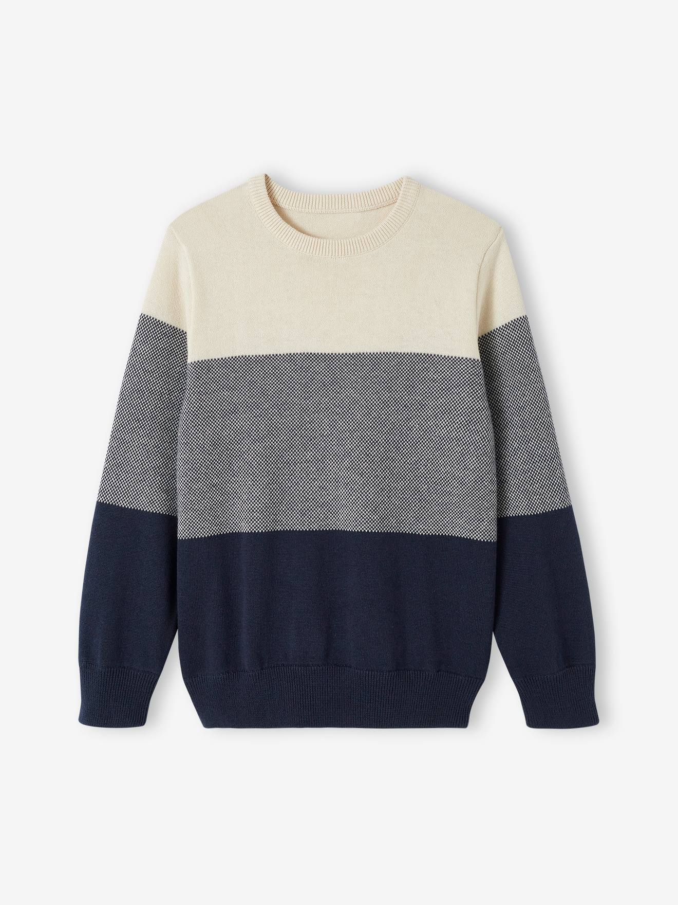 Pull colorblock garçon maille fantaisie bleu nuit