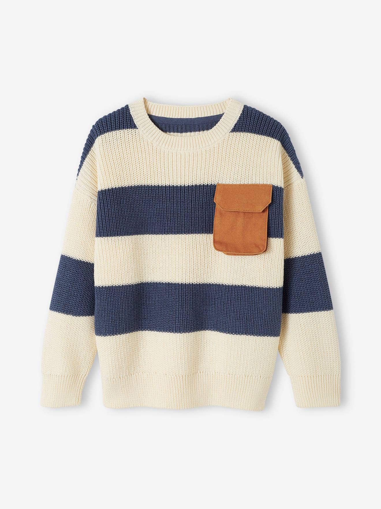 Pull Garçon GAP 10-11 Ans - Rayé Gris Et Vert - Col Ras, Manches Longues