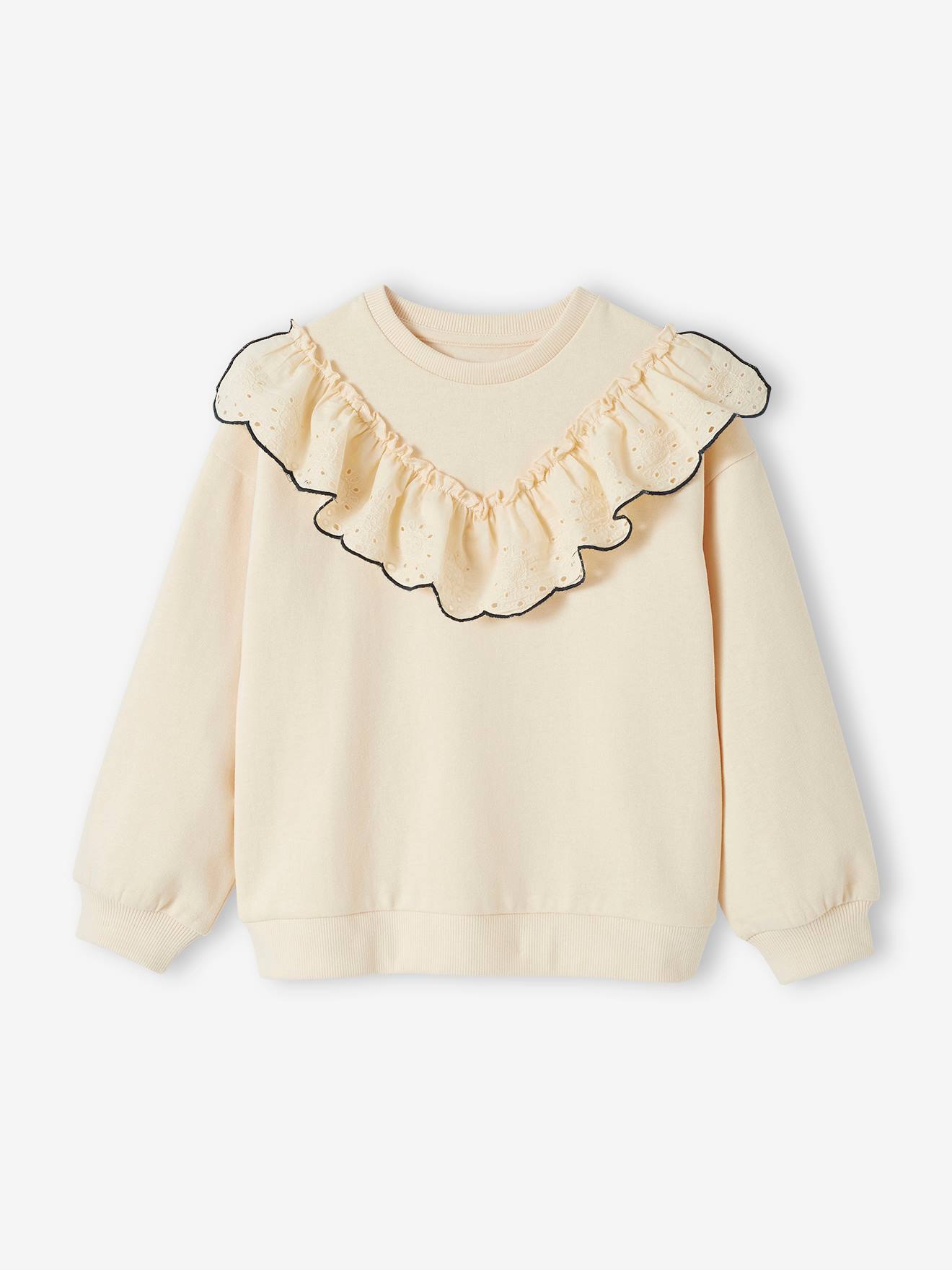 Sweat avec volant en broderie anglaise fille vanille