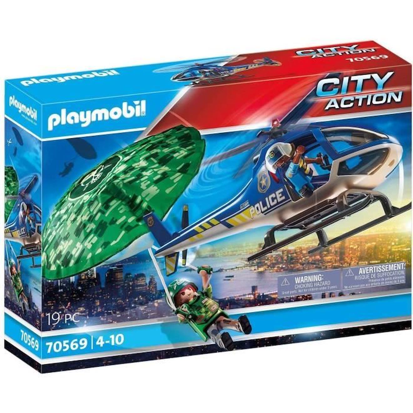 Playmobil - 70569 - City Action - Hélicoptère De Police Et Parachutiste Bleu