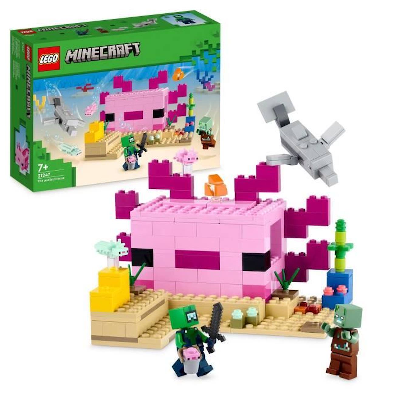 Lego® Minecraft 21247 La Maison Axolotl, Jouets Pour Enfants Avec Zombie, Dauphin Et Poisson Rose