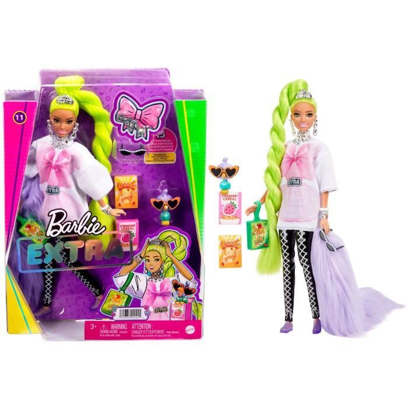 Poupée Barbie Extra - Barbie - Natte Vert Fluo - Style Glamour - Accessoires Mode Violet
