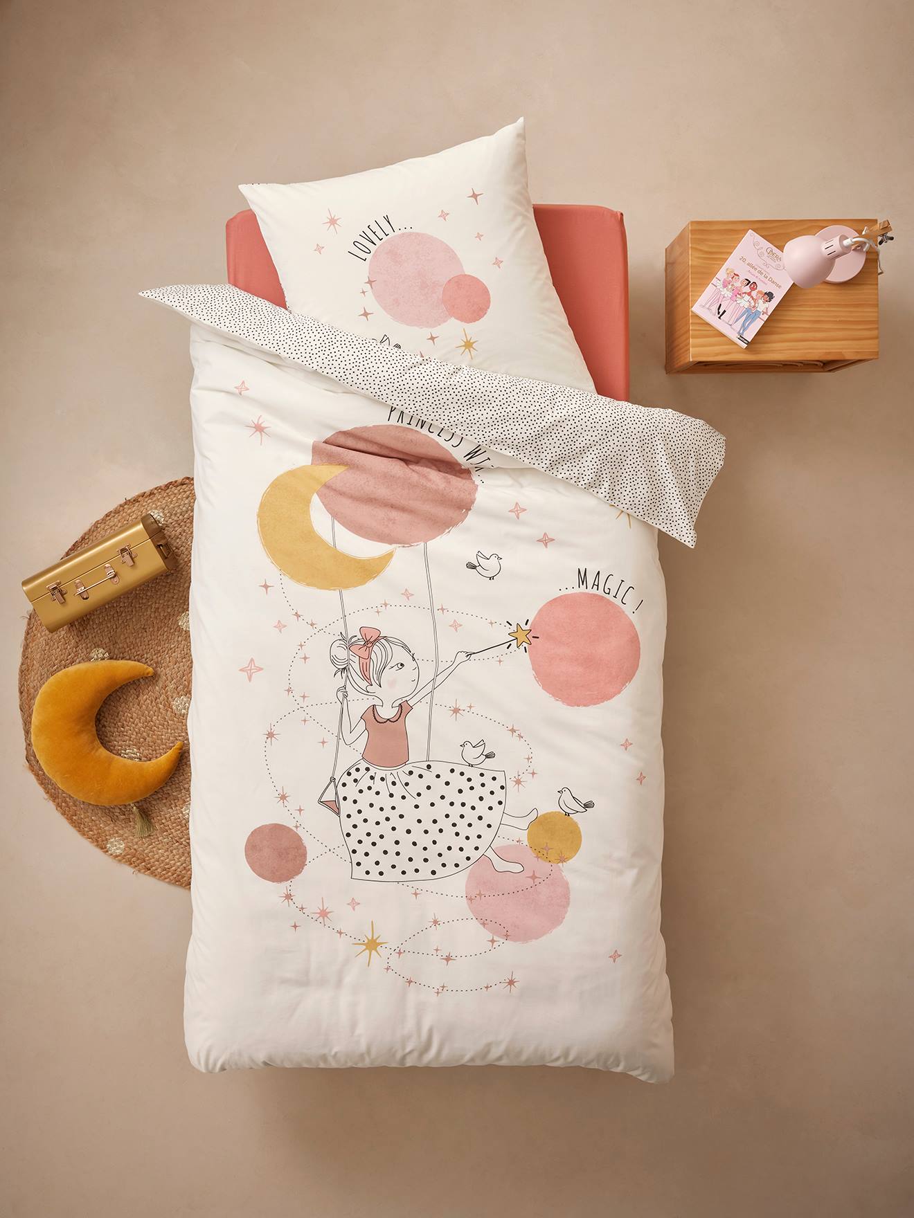 Parure Housse de couette + Taie d'oreiller enfant avec coton recyclé PRINCESSE POESIE blanc imprimé