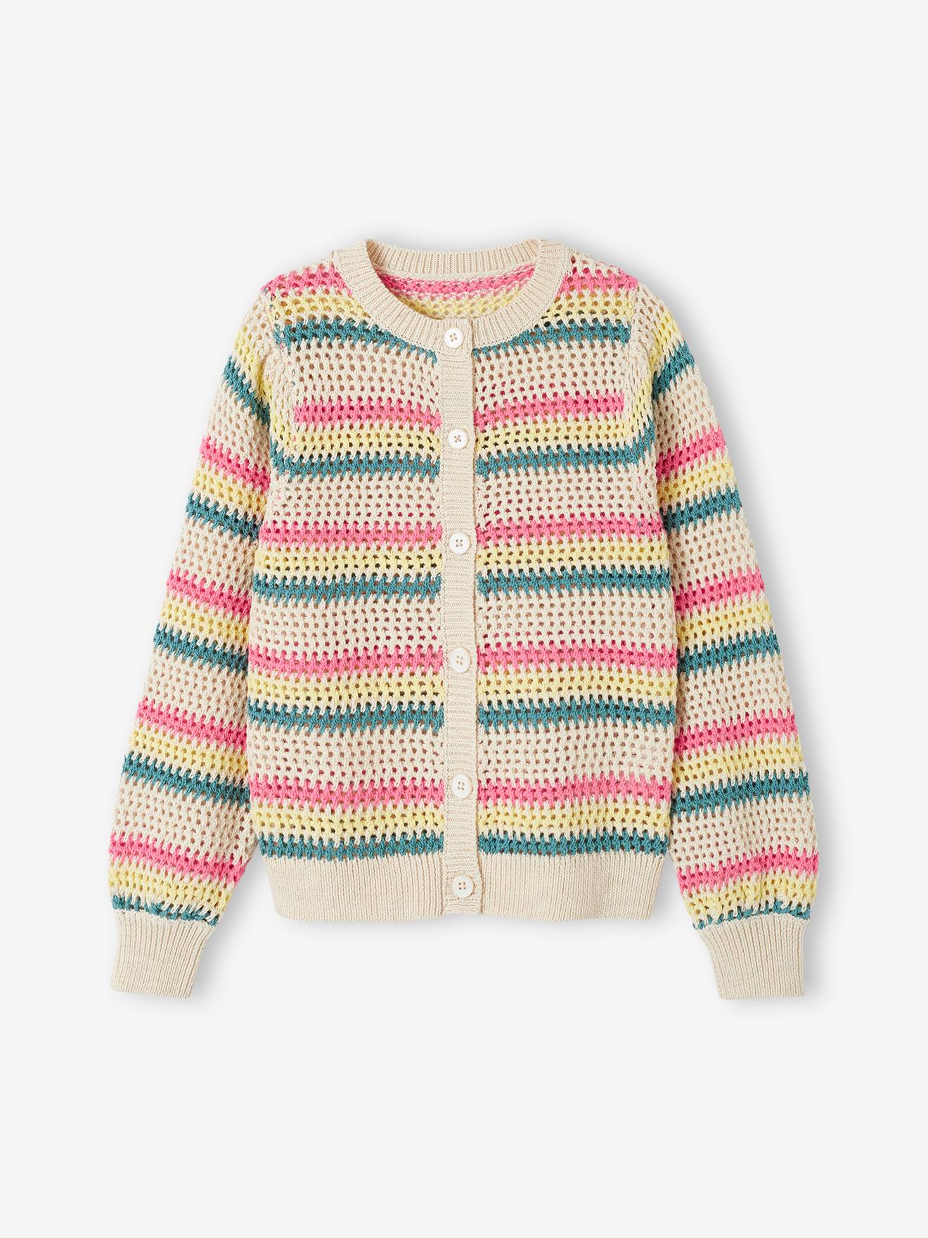 Gilet rayé en maille fantaisie fille écru