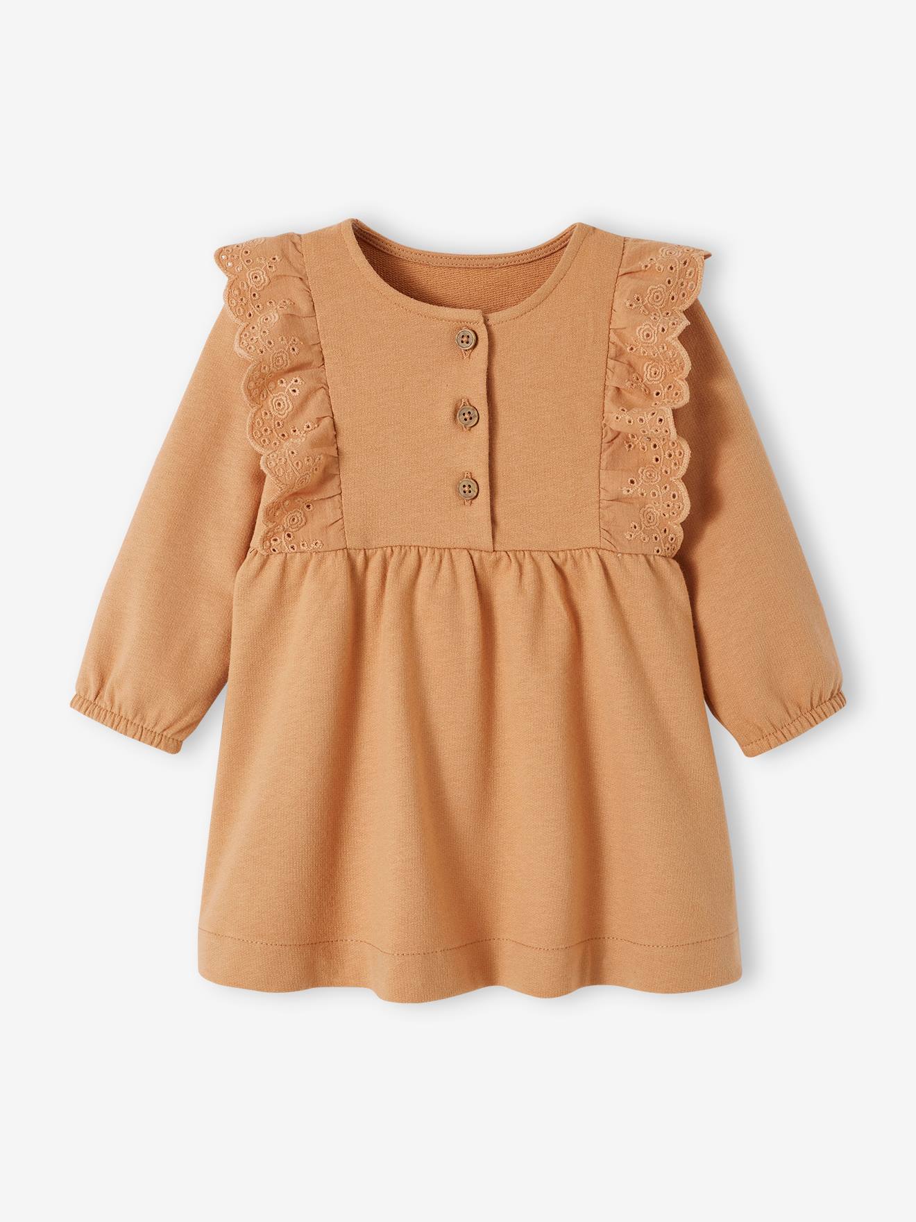 Robe en molleton bébé volant en broderie anglaise caramel