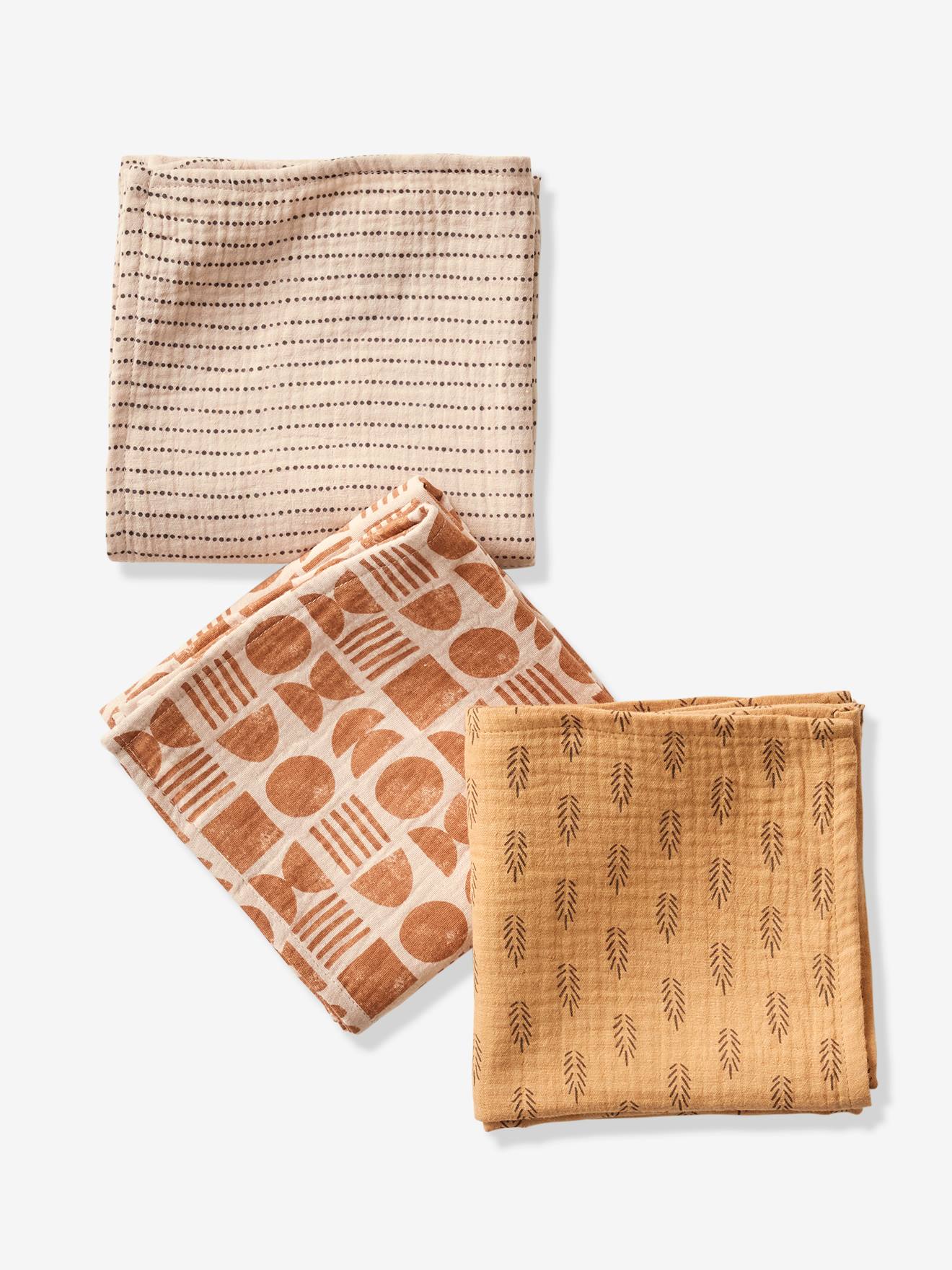 Lot de 3 langes en gaze de coton ETHNIC beige imprimé
