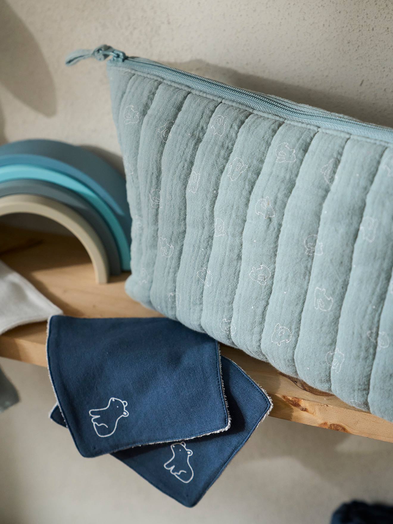 Trousse de toilette en gaze de coton bleu grisé