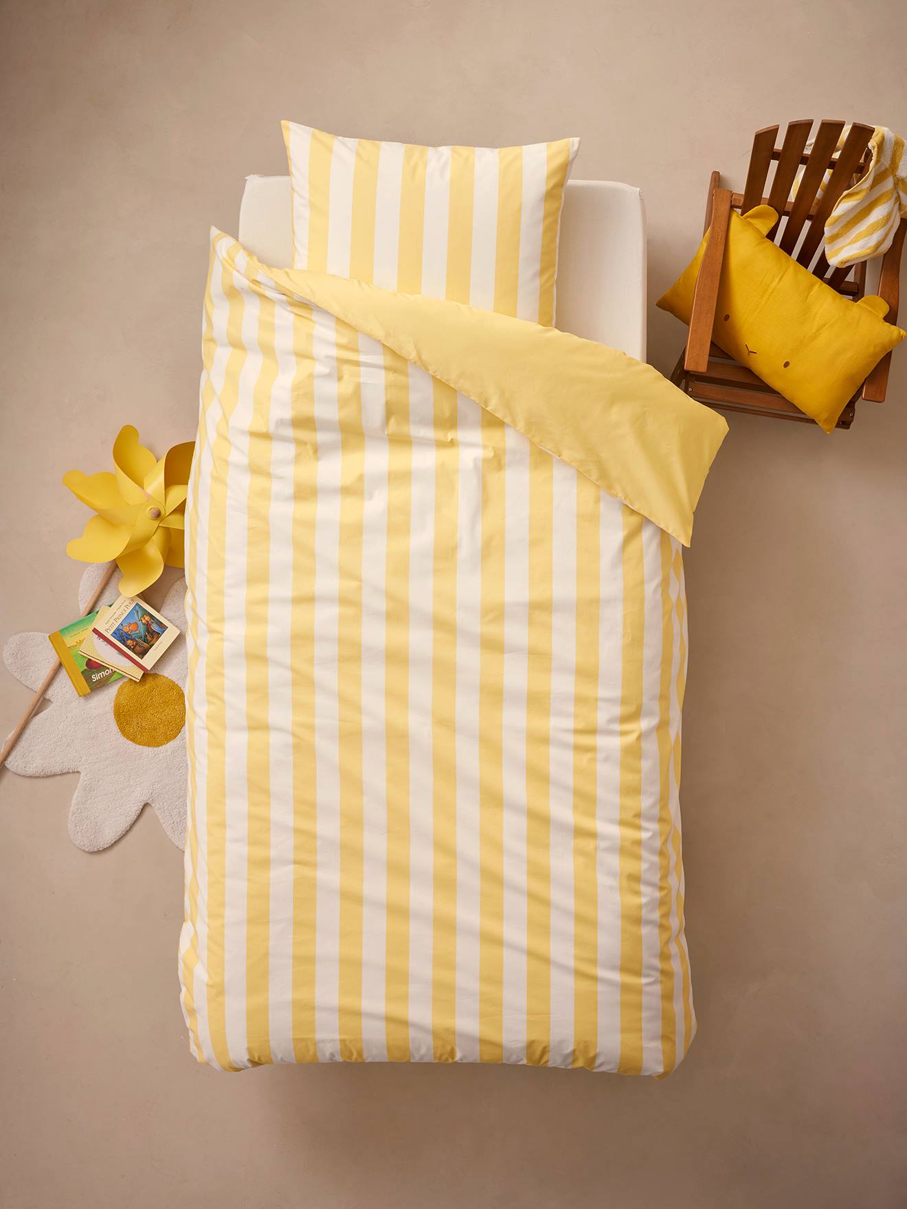 parure housse de couette + taie d'oreiller essentiels enfant avec coton recyclé transat rayé jaune