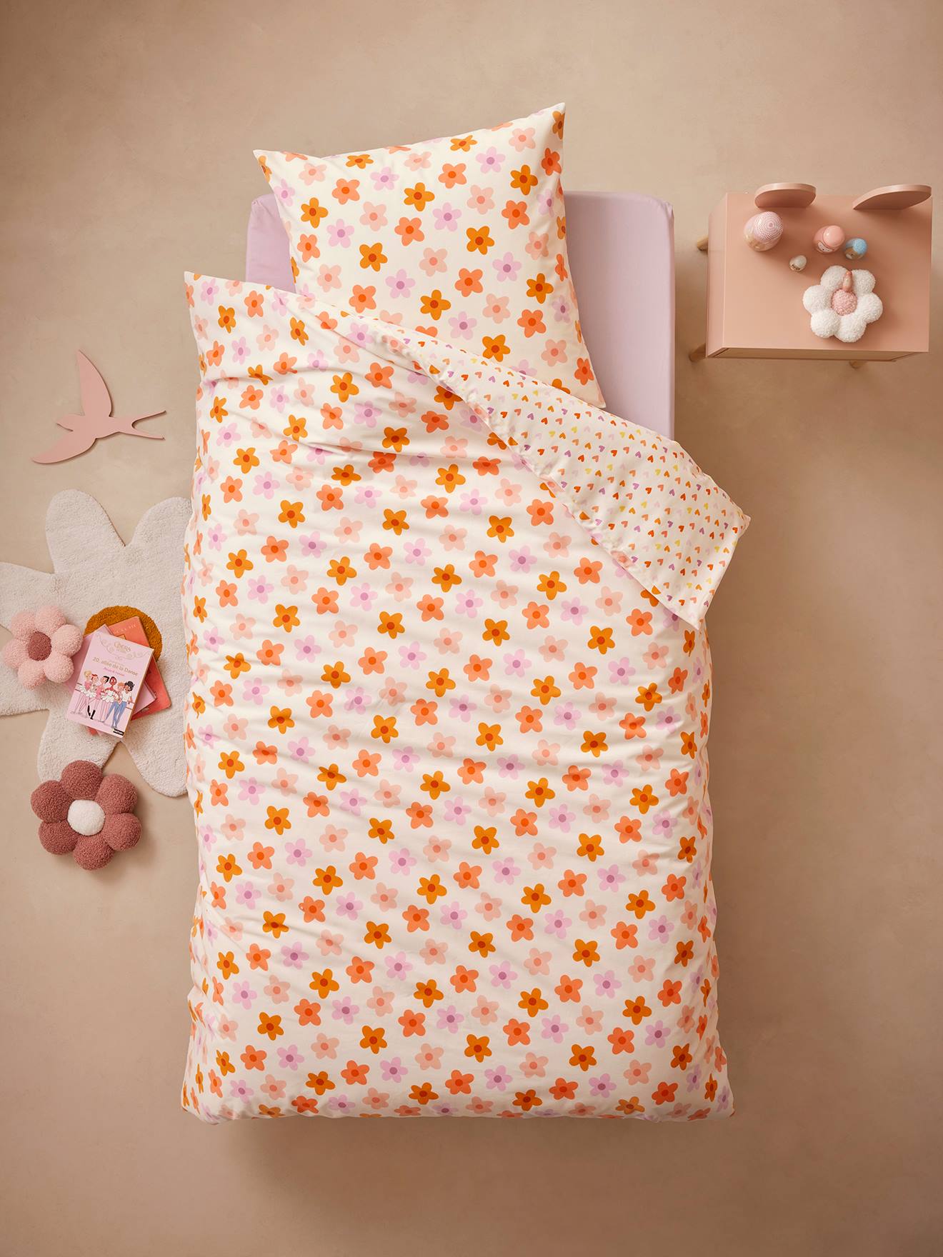 Parure housse de couette + taie d'oreiller essentiels enfant avec coton recyclé POP FLOWER multicolore