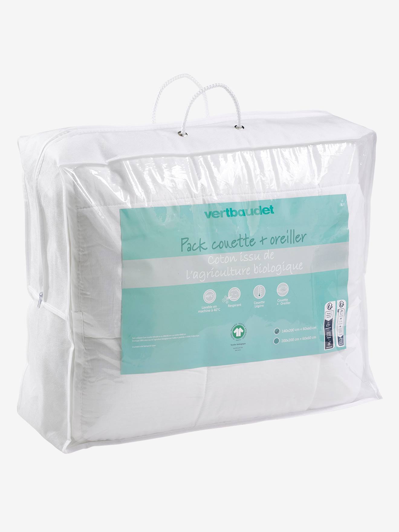 Pack couette légère + oreiller en coton bio* blanc