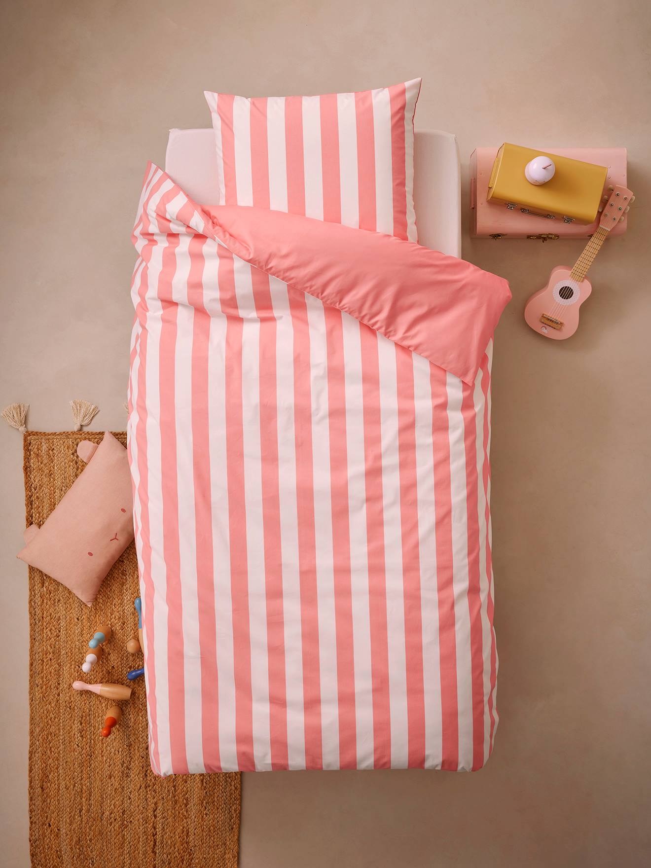 Parure housse de couette + taie d'oreiller enfant avec coton recyclé TRANSAT rayé rose