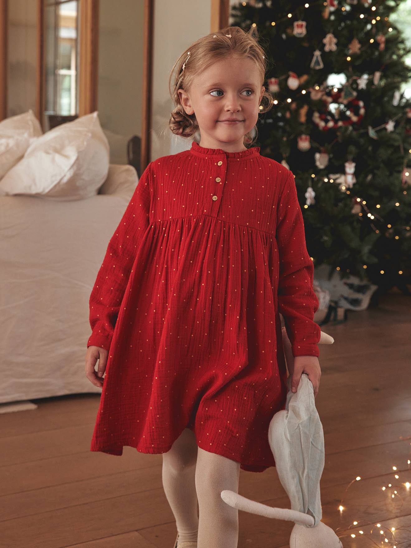 Robe en gaze de coton détails fantaisie fille rouge