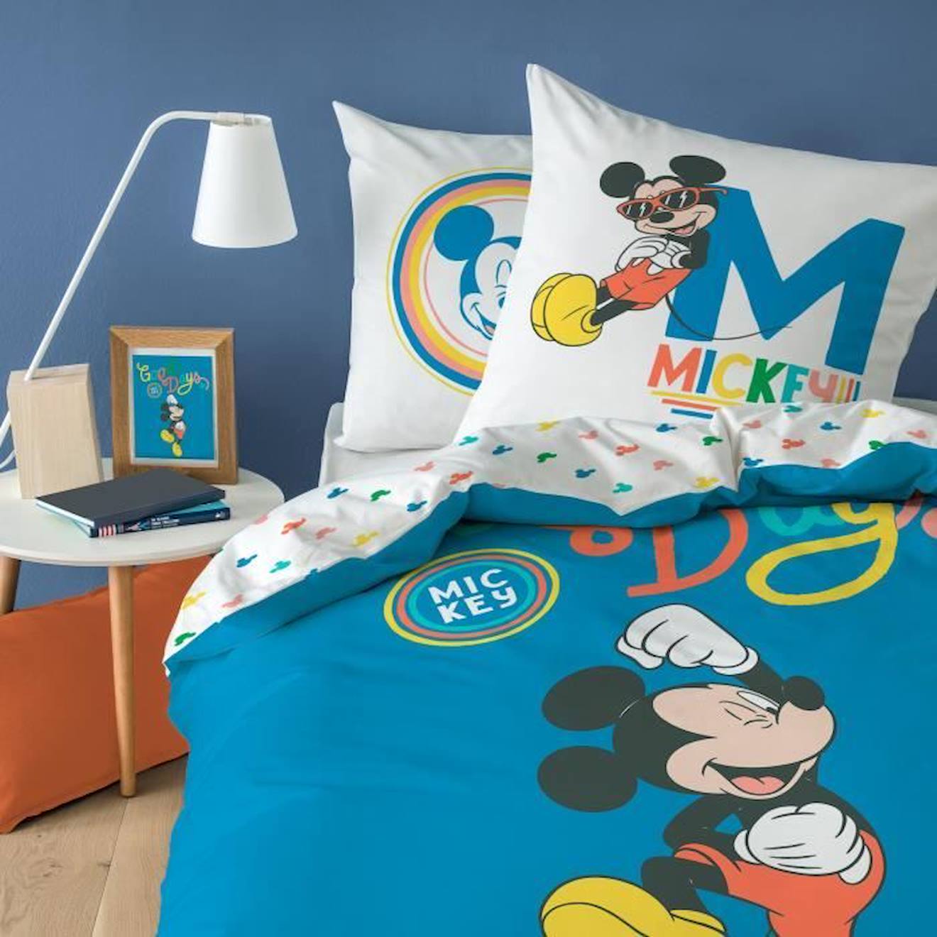 Parure De Lit Imprimée 100% Coton, Disney Mickey Good Days. Taille : 140x200 Cm Bleu