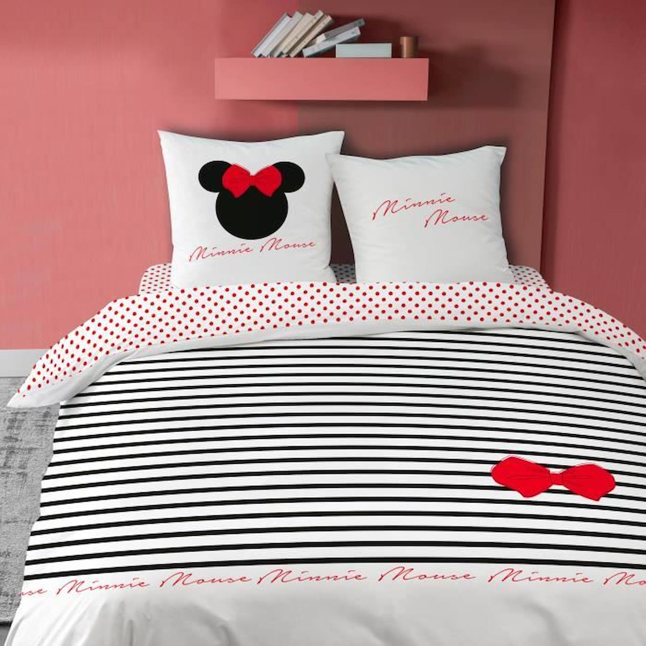 Disney - Parure De Lit Imprimée - Disney Minnie Stripes - 100% Coton - Housse De Couette + Taie D'oreiller Blanc