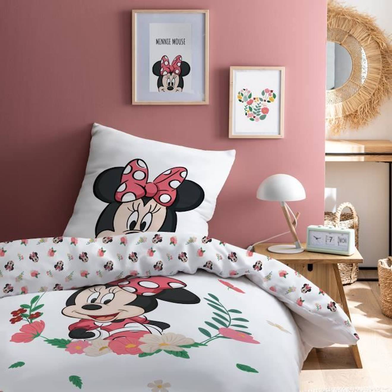 Parure De Lit Imprimée 100% Coton, Disney Home Minnie Flower 140x200+63x63cm Blanc