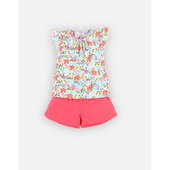 -Pyjama 2 pièces - Enfant - Fille - Imprimé fleurs - Jupe-short élastique - Confort maximal