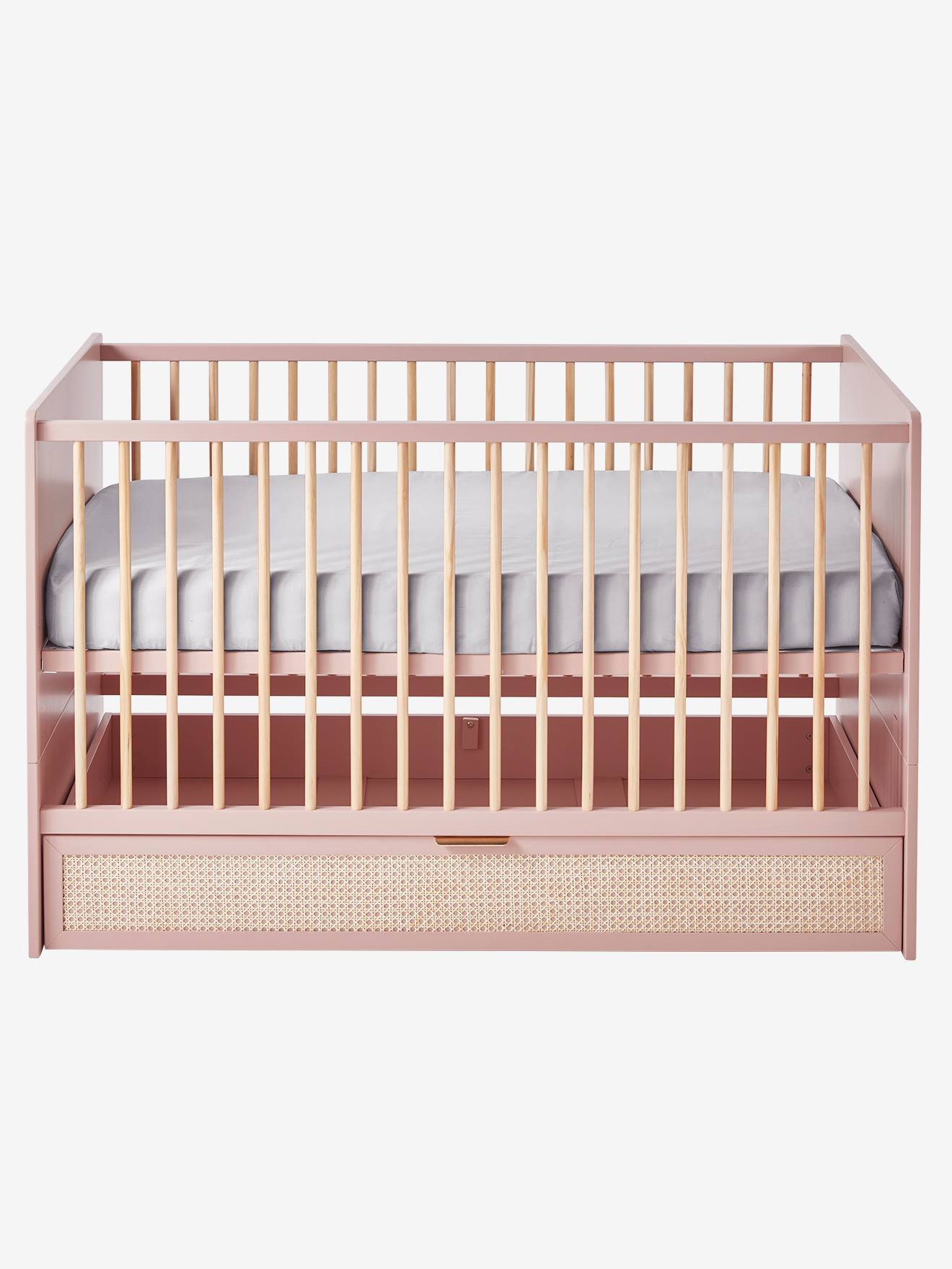 Lit bébé évolutif cannage avec tiroir de rangement LIGNE POESIE rose nude