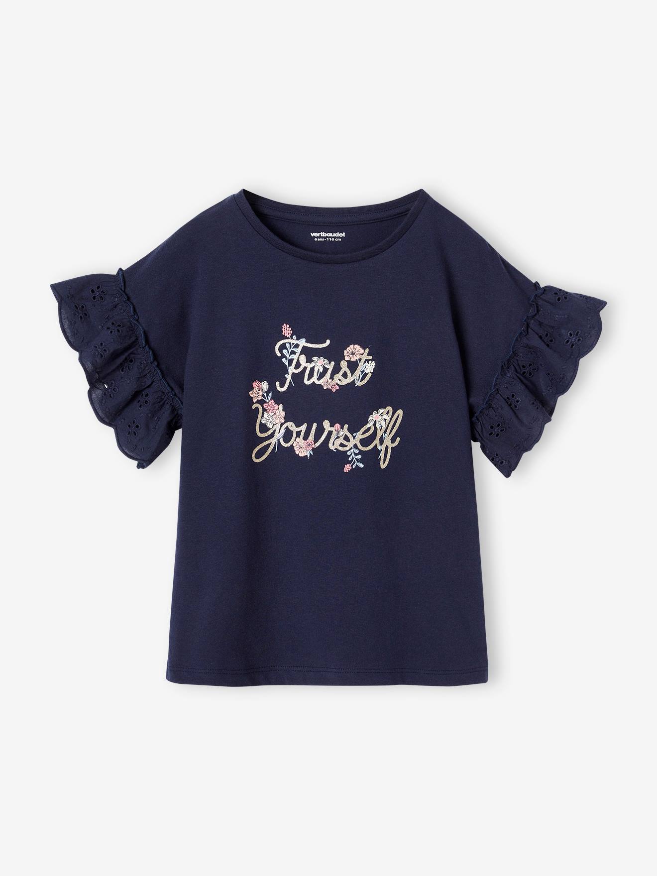 Vertbaudet - Tee-shirt romantique en coton bio fille marine