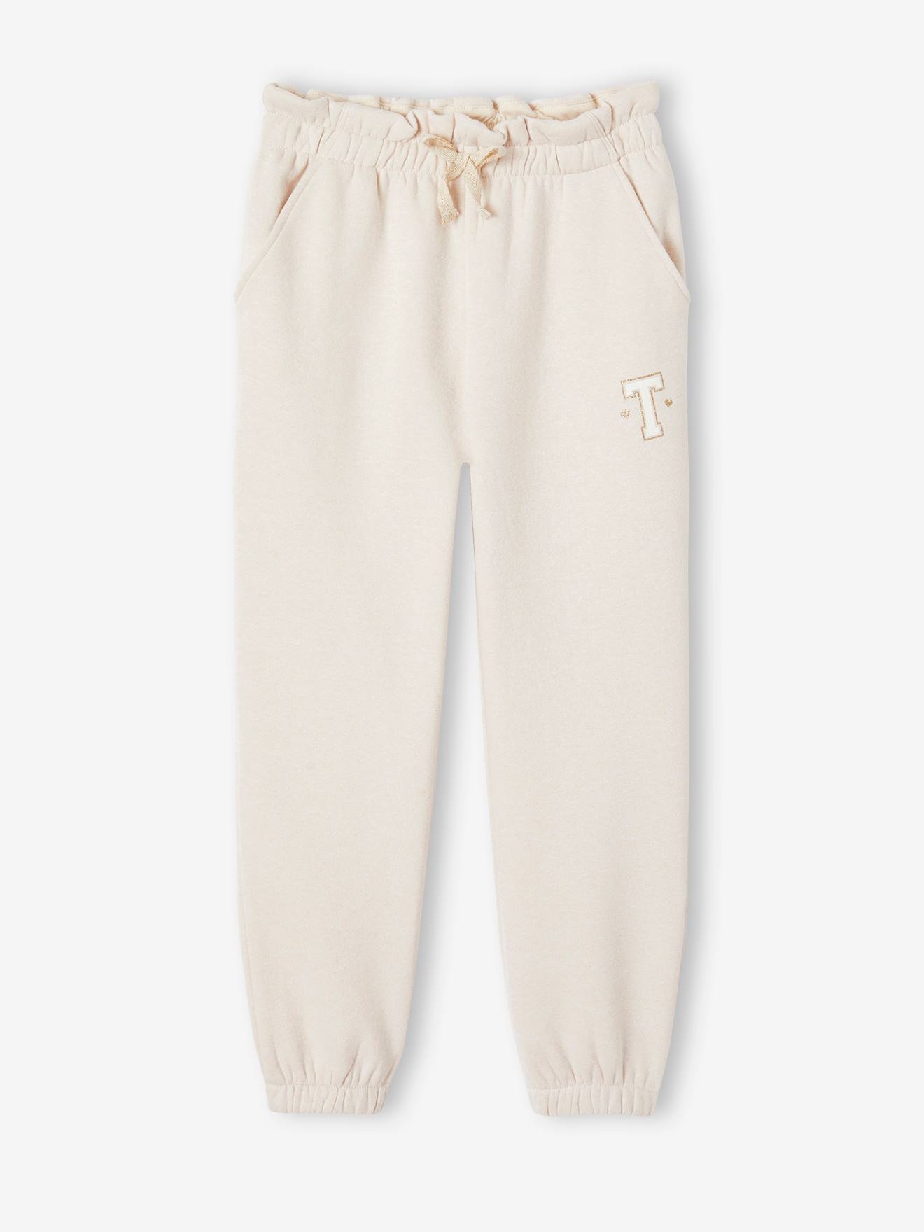Pantalon jogging en molleton fille ceinture paperbag beige chiné