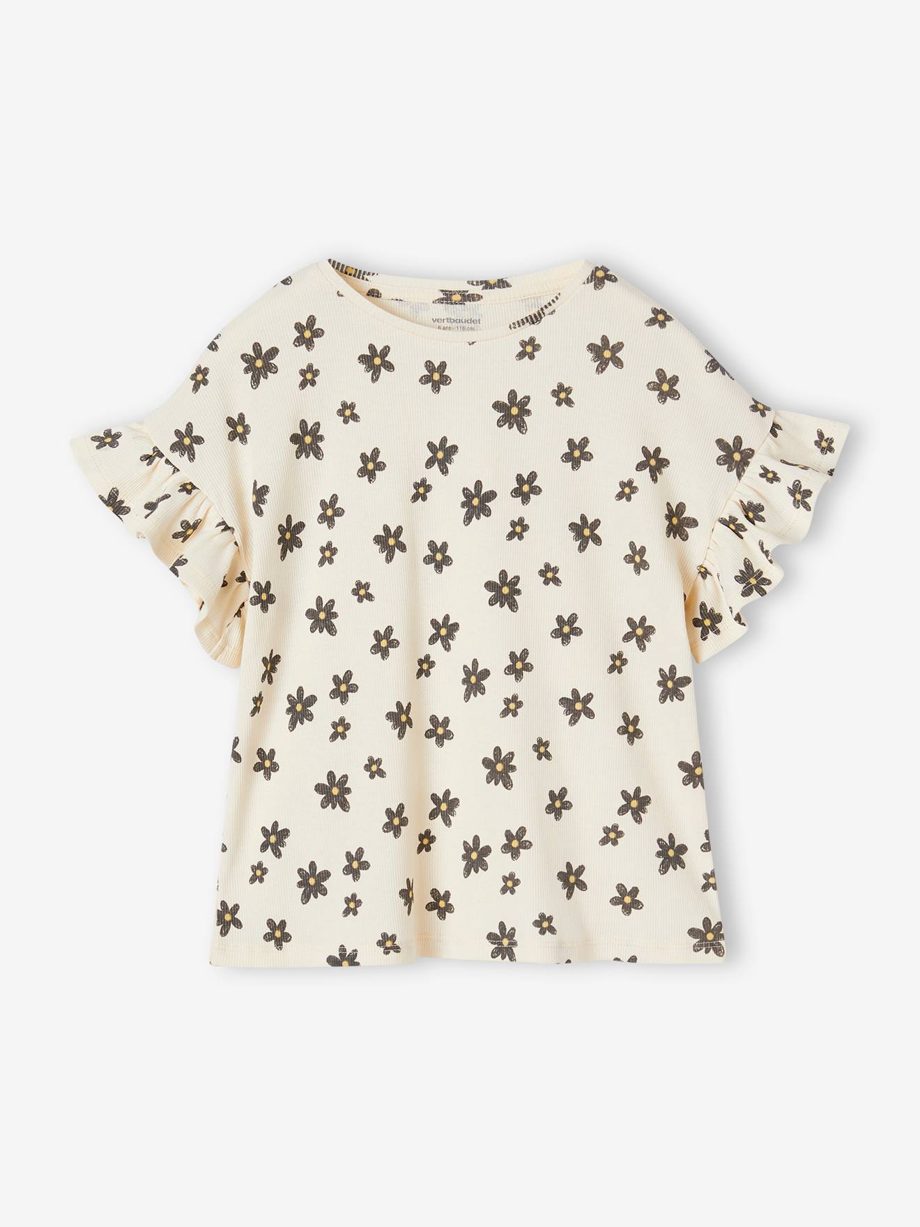 Vertbaudet - Tee-shirt en côtes imprimé fleurs fille blanc imprimé