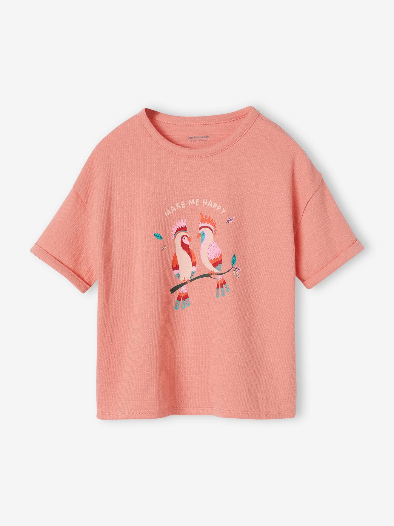 Vertbaudet - Tee-shirt maille reliéfée imprimé fille corail