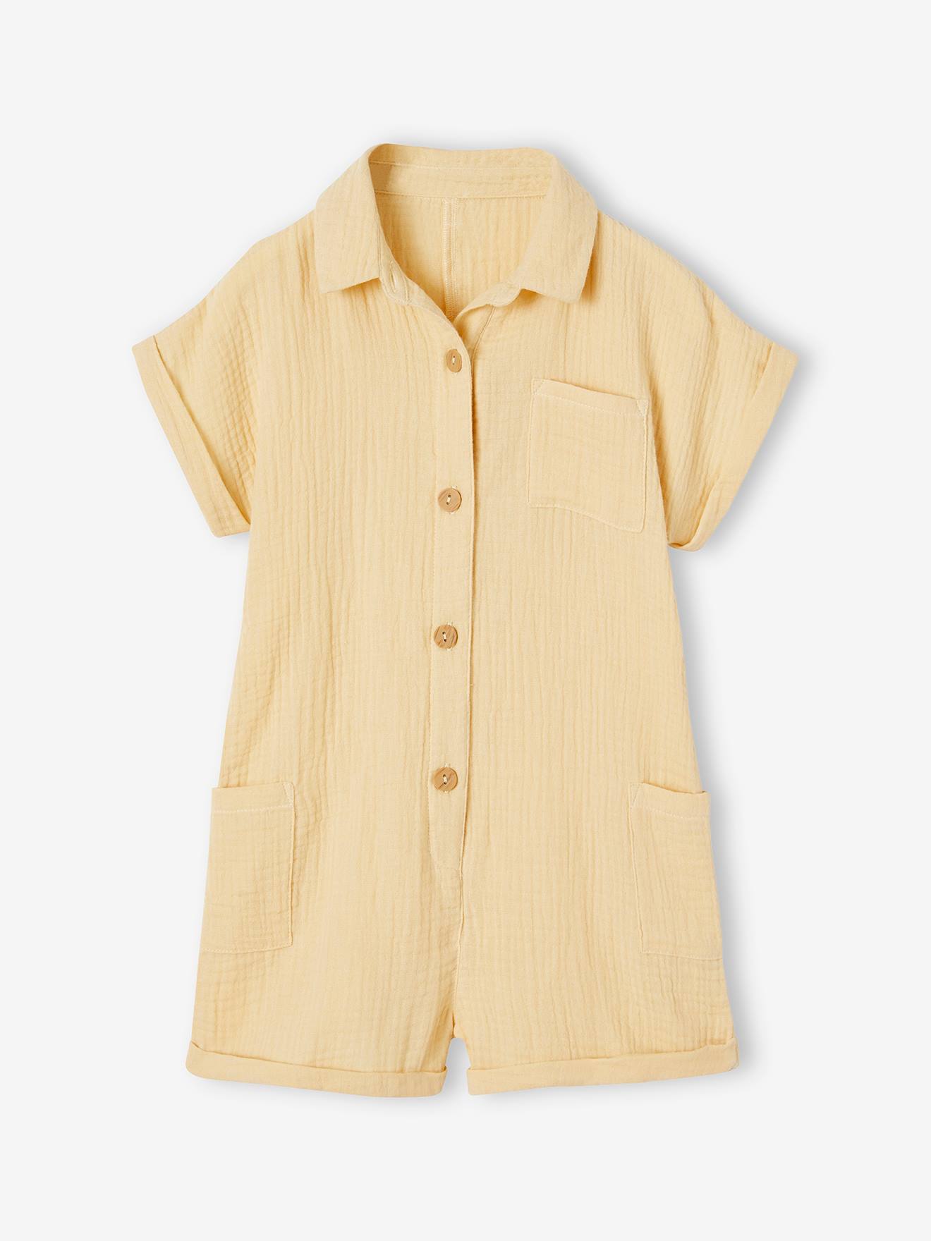 Combishort en gaze de coton fille jaune pastel