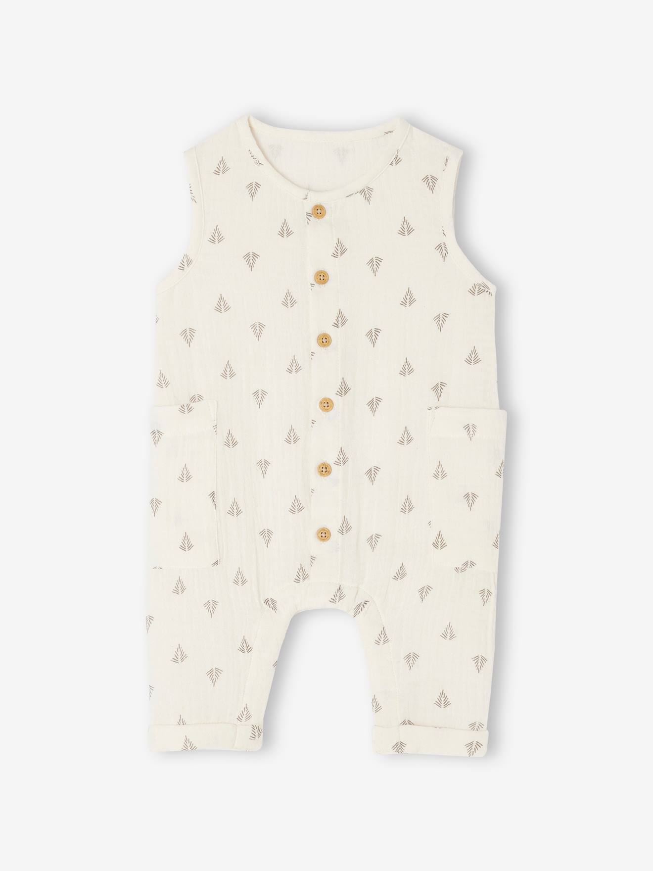 Combinaison en gaze de coton naissance beige clair imprime