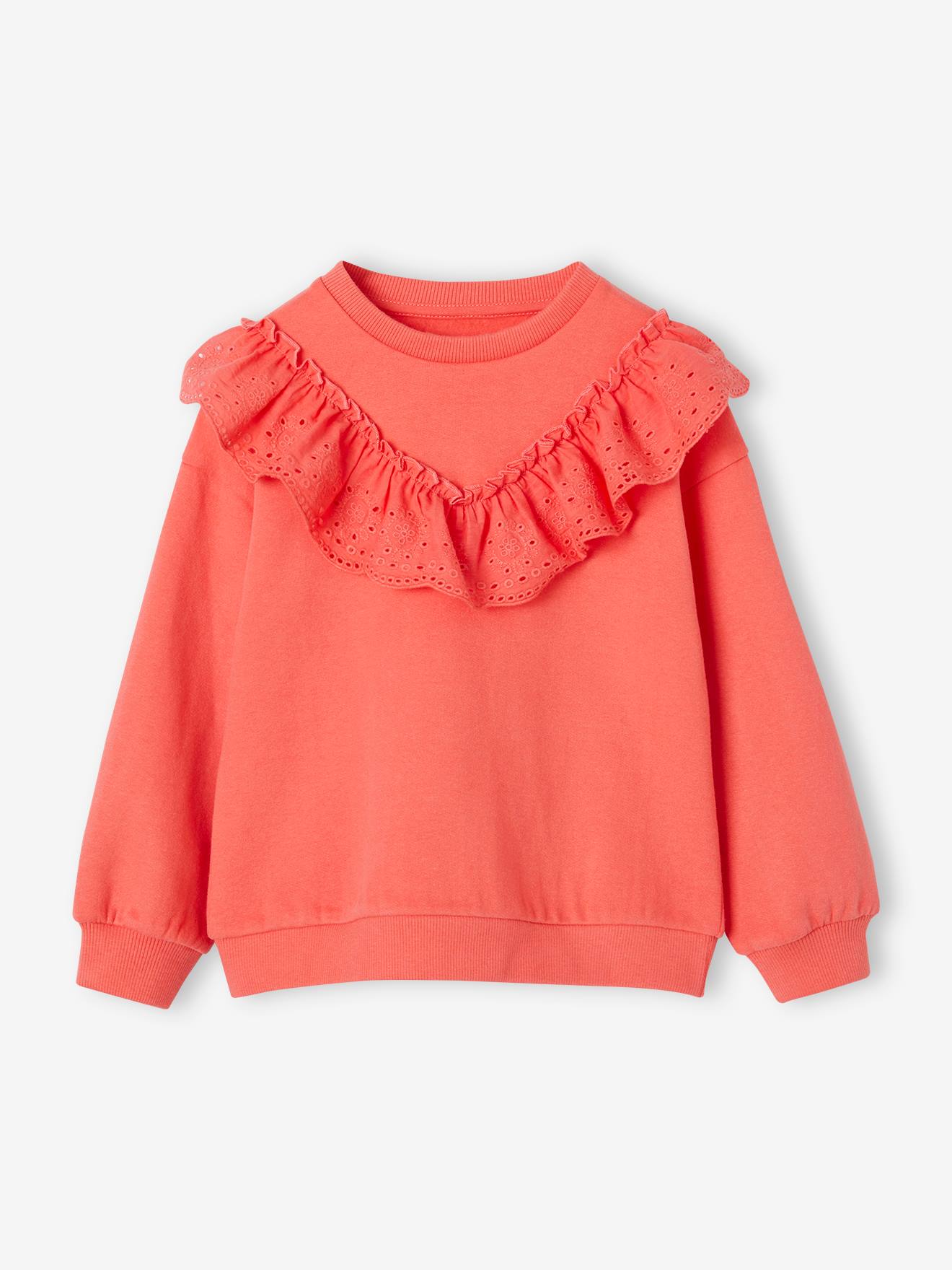 Sweat avec volant en broderie anglaise fille corail
