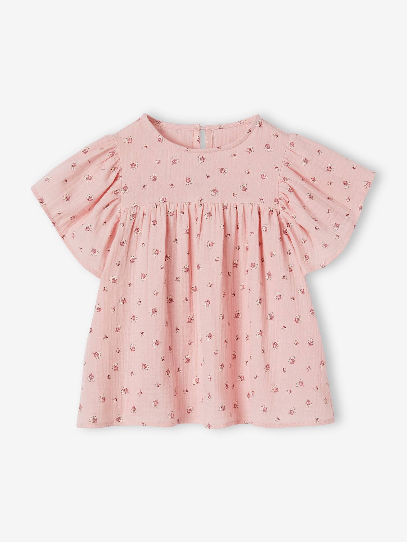 Vertbaudet - Blouse en gaze de coton bio fille manches papillon rose