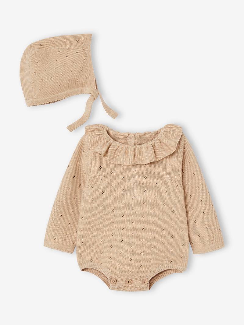 Barboteuse en tricot bébé manches longues et son béguin beige chiné