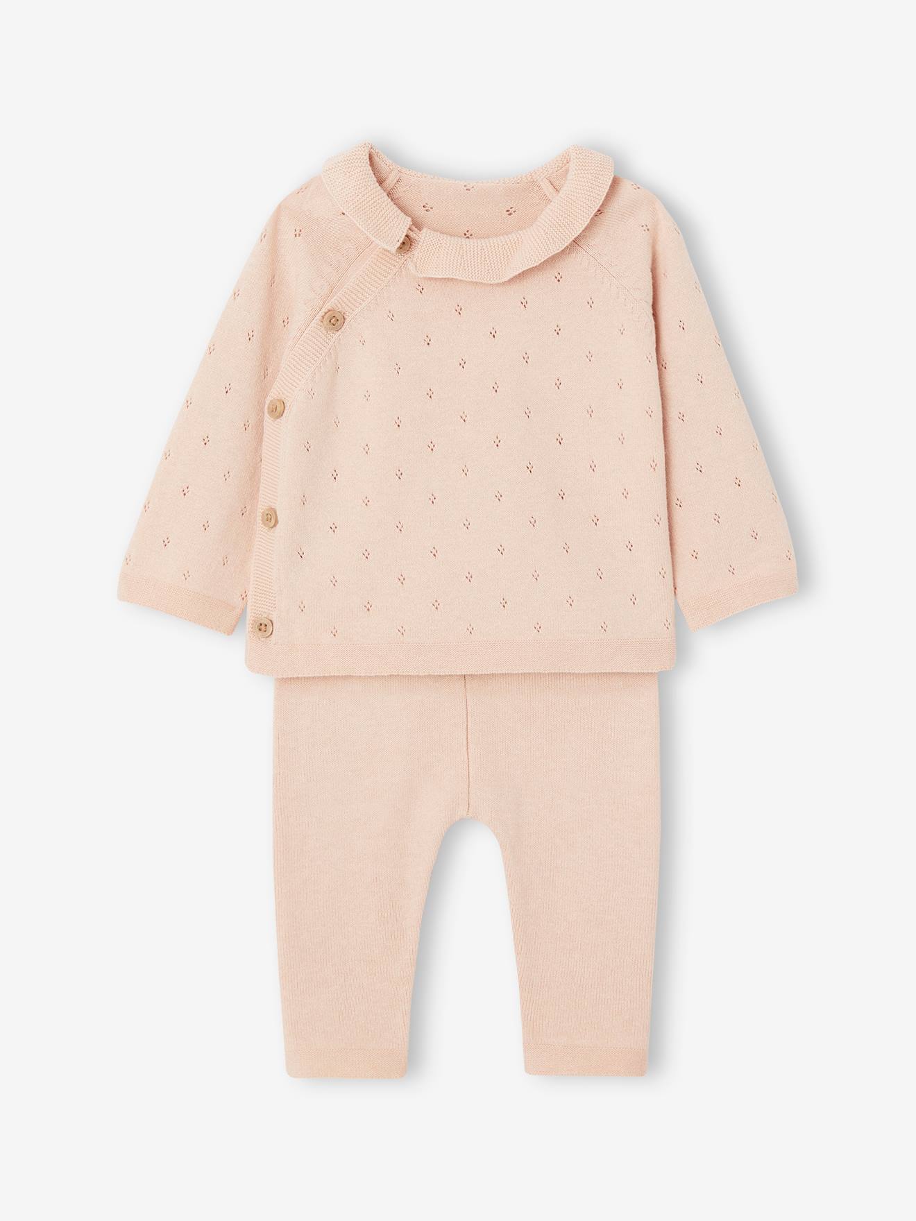 Ensemble bébé pull à collerette pantalon en tricot rose nude (Vertbaudet) - Image 2