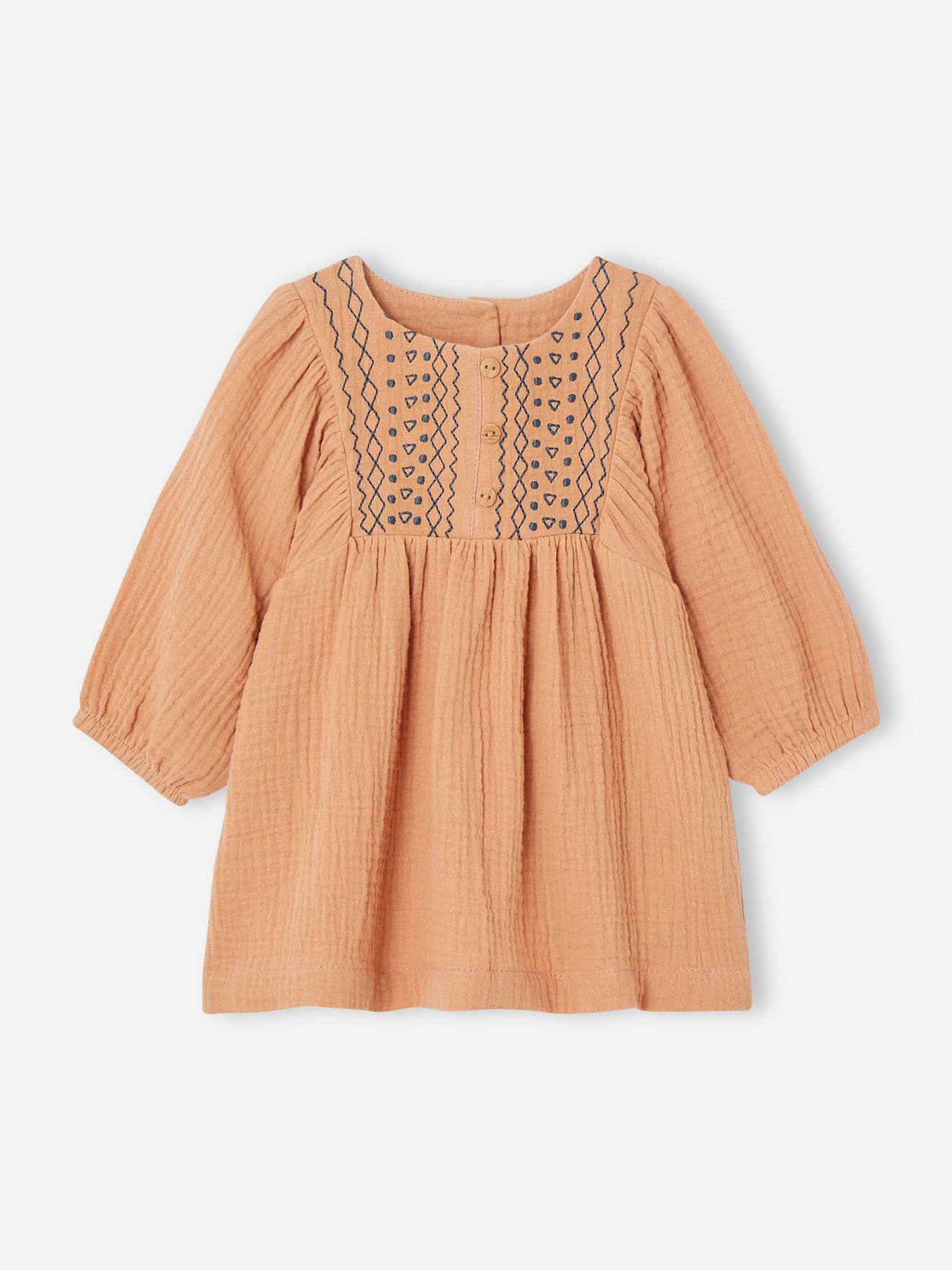 Robe brodée bébé en gaze de coton caramel (Vertbaudet) - Image 3