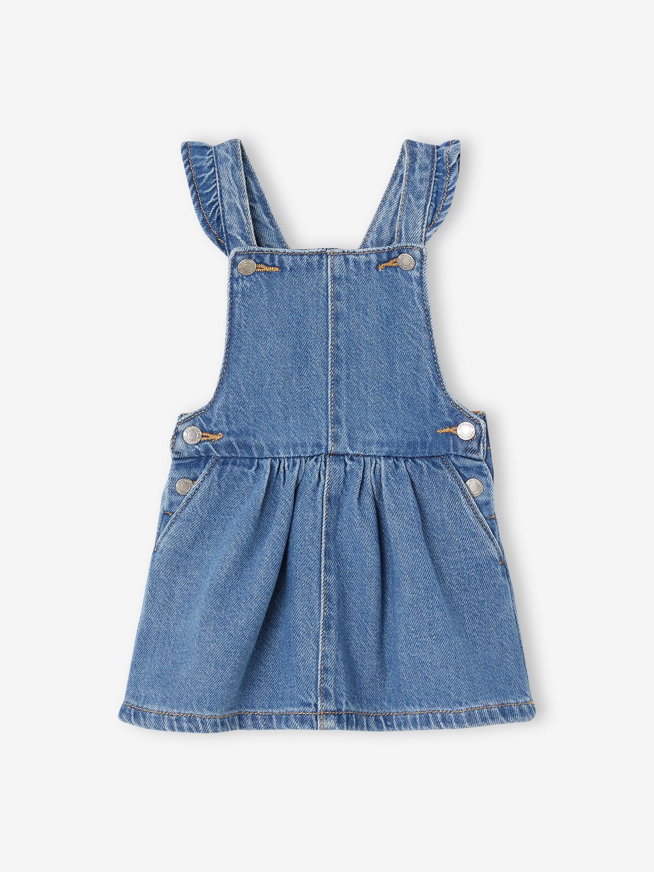 Robe salopette en denim bébé bretelles volantées stone